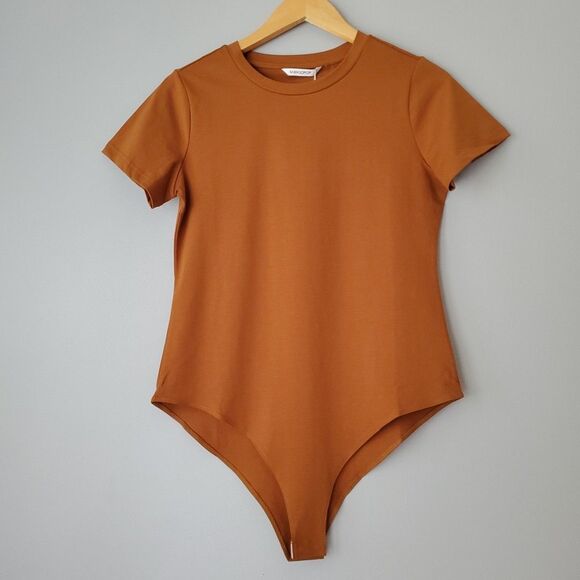 Mango Pop Brown Short Sleeve Crewneck Tee Shirt Bodysuit Womens Large - Picture 1 of 6